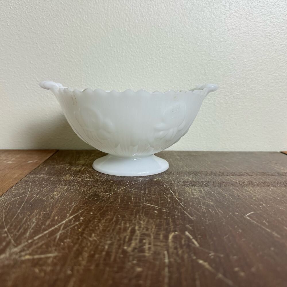 Jeanette Glass‎ Vintage Milk Glass Iris Floral Herringbone pedestal Compote dish